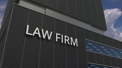 Office building with LAW FIRM signboard, 3d animation