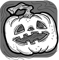 Halloween pumpkin monster head hand drawn illustration. Big round orange pumpkin. Cute and scary face ghost. Poster print design, party decoration, invitation deco. Vector drawing.