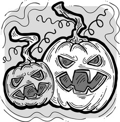Halloween pumpkin monster head hand drawn illustration. Big round orange pumpkin. Cute and scary face ghost. Poster print design, party decoration, invitation deco. Vector drawing.