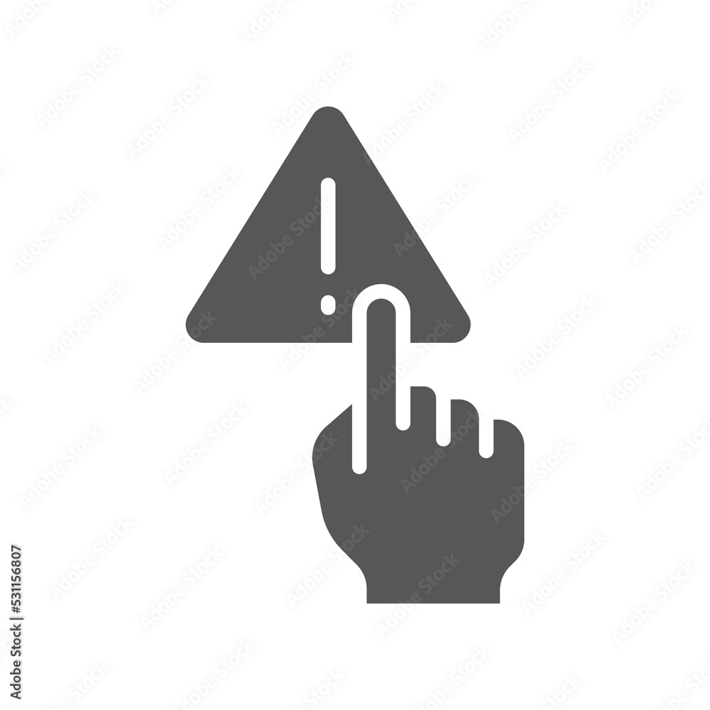 Poster index finger touch triangle warning symbol with exclamation mark inside for no manage hand sign. fin