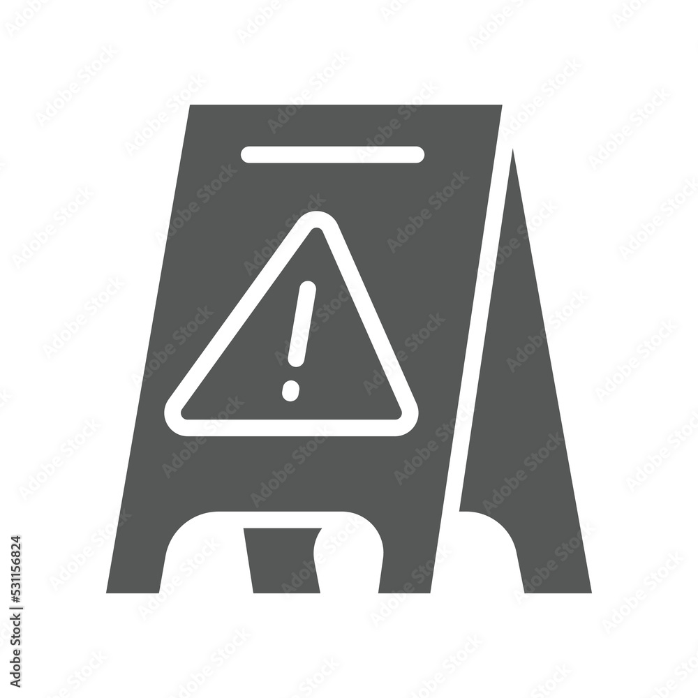 Poster yellow plastic slippery wet floor caution sign triangle with exclamation mark. cleaning floor elemen