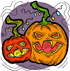 Halloween pumpkin monster head hand drawn illustration. Big round orange pumpkin. Cute and scary face ghost. Poster print design, party decoration, invitation deco. Vector drawing.