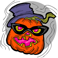 Halloween pumpkin monster head hand drawn illustration. Big round orange pumpkin. Cute and scary face ghost. Poster print design, party decoration, invitation deco. Vector drawing.