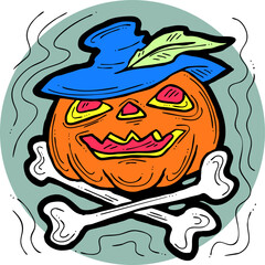Halloween pumpkin monster head hand drawn illustration. Big round orange pumpkin. Cute and scary face ghost. Poster print design, party decoration, invitation deco. Vector drawing.