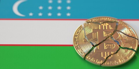 Flag of Uzbekistan and broken bitcoin. Cryptocurrency ban or crypto legal issues concepts, 3d rendering