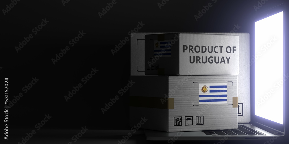 Poster cartons with product of uruguay text and flag on the laptop, black background. 3d rendering