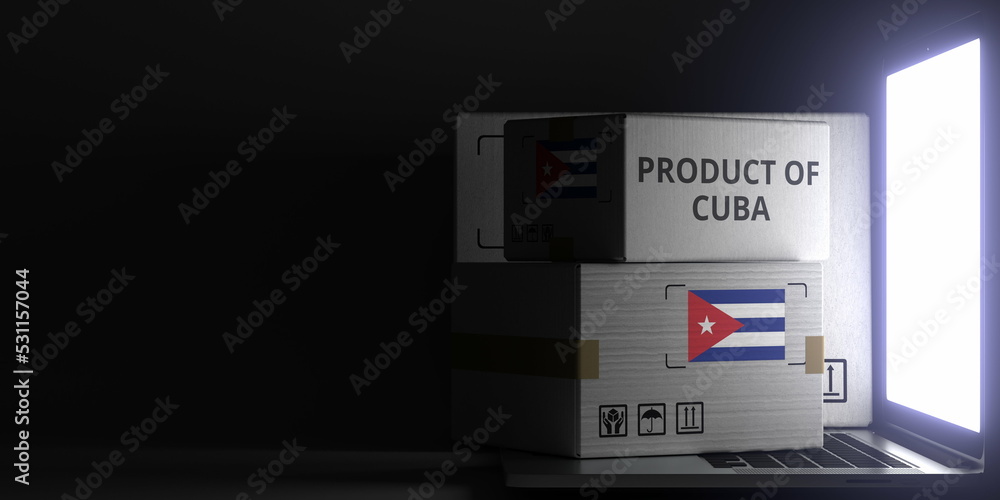 Poster product of cuba text and flag sticker on the boxes on the laptop on dark background. 3d rendering