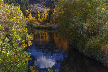 River in the esatern Sierra Nevada foothills with sky and tree reflections shown during fall season.