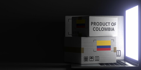 Cartons with PRODUCT OF COLOMBIA text and flag on the laptop, black background. 3D rendering