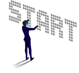 Silhouette businessman wear VR glasses with 3D start text. Concept of digital virtual reality technology and AR .