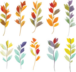 Set of watercolor autumn branches. Leaves and twigs