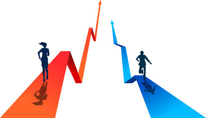 business competition. career path success. Silhouette of businesswomen and businessman running on difference color business graph