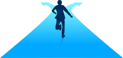 Silhouette of businessman running to crossroad. Concept of time to make decision in business direction