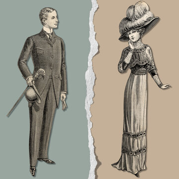 Man woman vintage clothing. Fashion people family merriage