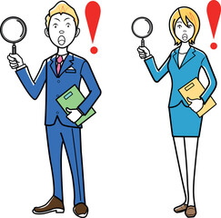 虫眼鏡を持つビジネスマン、ビジネスウーマン