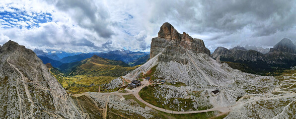 Aerial view of Mount Averau and Nuvolau, Dolomites, Italy
