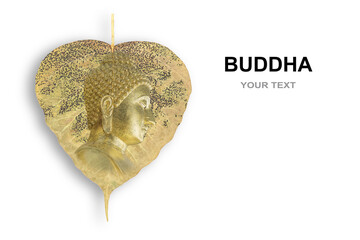 Golden Buddha statue on Ficus religiosa (bai Pho thong), Sacred fig leaf of Bodhi Tree. Important symbols of Buddhism isolated on white background, visahka bucha day - Powered by Adobe