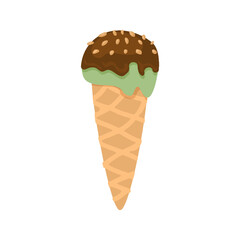 Chocolate pistachio icecream waffle horn flat. Juicy fresh choco nut summer print icon ad decor kid holiday sweet dessert template menu modern handmade sticker label business craft isolated