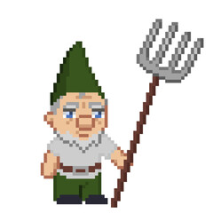 Fototapeta premium An 8-bit retro-styled pixel-art illustration of a green garden gnome holding a pitchfork.
