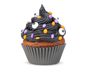 Cupcake. Black cupcake. Idea for Halloween. Dessert for party. Chocolate muffin decorated with...
