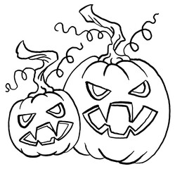 Halloween pumpkin monster head hand drawn illustration. Big round orange pumpkin. Cute and scary face ghost. Poster print design, party decoration, invitation deco.