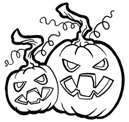 Halloween pumpkin monster head hand drawn illustration. Big round orange pumpkin. Cute and scary face ghost. Poster print design, party decoration, invitation deco.