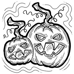 Halloween pumpkin monster head hand drawn illustration. Big round orange pumpkin. Cute and scary face ghost. Poster print design, party decoration, invitation deco.