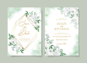 Floral wedding invitation template set with white floral and leaves decoration.