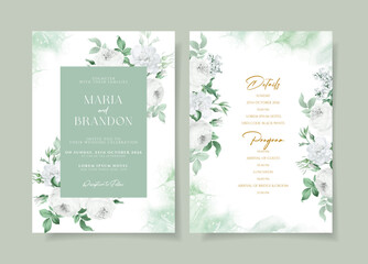 Floral wedding invitation template set with white floral and leaves decoration.