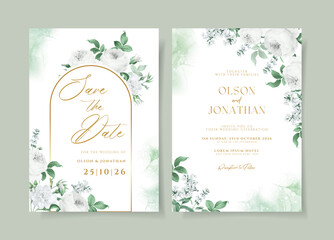 Fototapeta na wymiar Floral wedding invitation template set with white floral and leaves decoration.