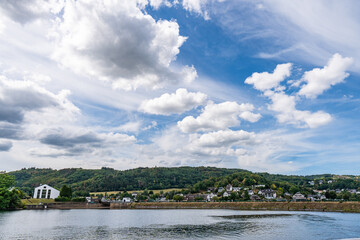 Small Village at the shore of lake Rursee, In the middle of the Eifel National Park, surrounded by unique natural scenery and unspoilt nature