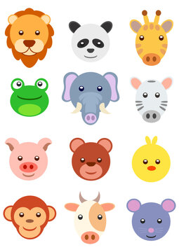 Vector set of cute animal portraits, hand drawn wildlife and farm animal faces, colorful cartoon style illustrations isolated on white