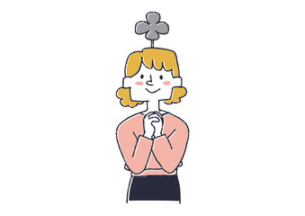 幸運を願っている女性　人の思考や感情を頭の上で天気やマークで表したイラスト