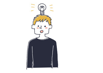 閃いた男性　人の思考や感情を頭の上で天気やマークで表したイラスト