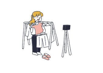 洋服のコーディネートをカメラに見せる女性　さまざまなスタイルで活動するYouTuberのイラスト