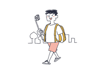 
自撮り棒で映像を撮りながら旅をする男性　さまざまなスタイルで活動するYouTuberのイラスト
