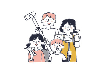 掃除道具を持って集合する家族　家族総出で大掃除をしている人々のイラスト　
