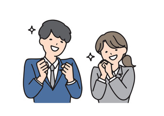 とても喜んでいるビジネスマンの男女　シンプルな線の人物イラスト