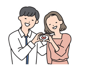 手でハートマークを作るラブラブカップル　シンプルな線の人物イラスト