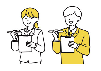 ペンとバインダーを持っているビジネスマンの男女　シンプルな線の人物イラスト