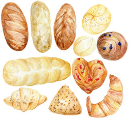 Set of fresh baked croissants, bread, breakfast rolls, loafs, biscuits and pastry, watercolor clipart , 600 dpi png, bakery menu images , packaging design, logo graphics   