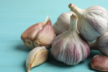 Fresh unpeeled garlic bulbs and cloves on light blue wooden table, closeup. Organic product
