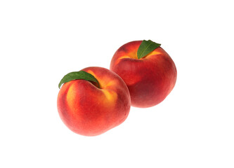 Delicious fresh ripe peaches with green leaves isolated on white