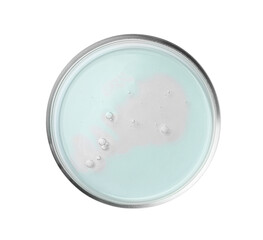 Petri dish with color liquid isolated on white, top view