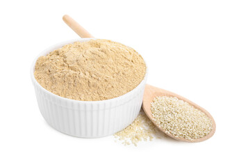 Sesame flour in ceramic bowl and spoon of seeds isolated on white