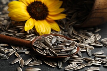 Organic sunflower seeds and flower on grey table