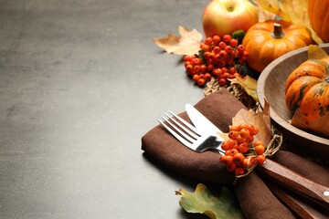 Closeup view of seasonal table setting with autumn leaves, pumpkins and ashberries on grey...