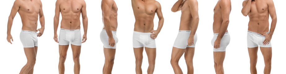 Collage with photos of man wearing underwear on white background, closeup. Banner design