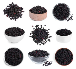 Set with freeze dried blueberries on white background