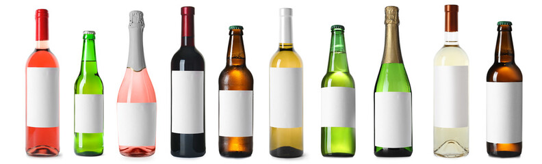 Set with bottles of different alcohol drinks on white background. Banner design